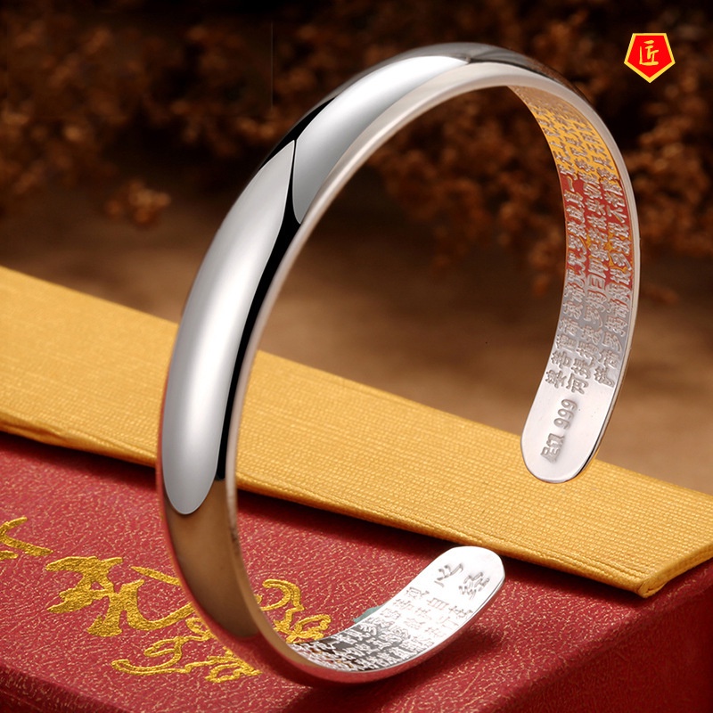 [Ready Stock]999 Silver Glossy Heart Sutra Bracelet Simple Ethnic Style