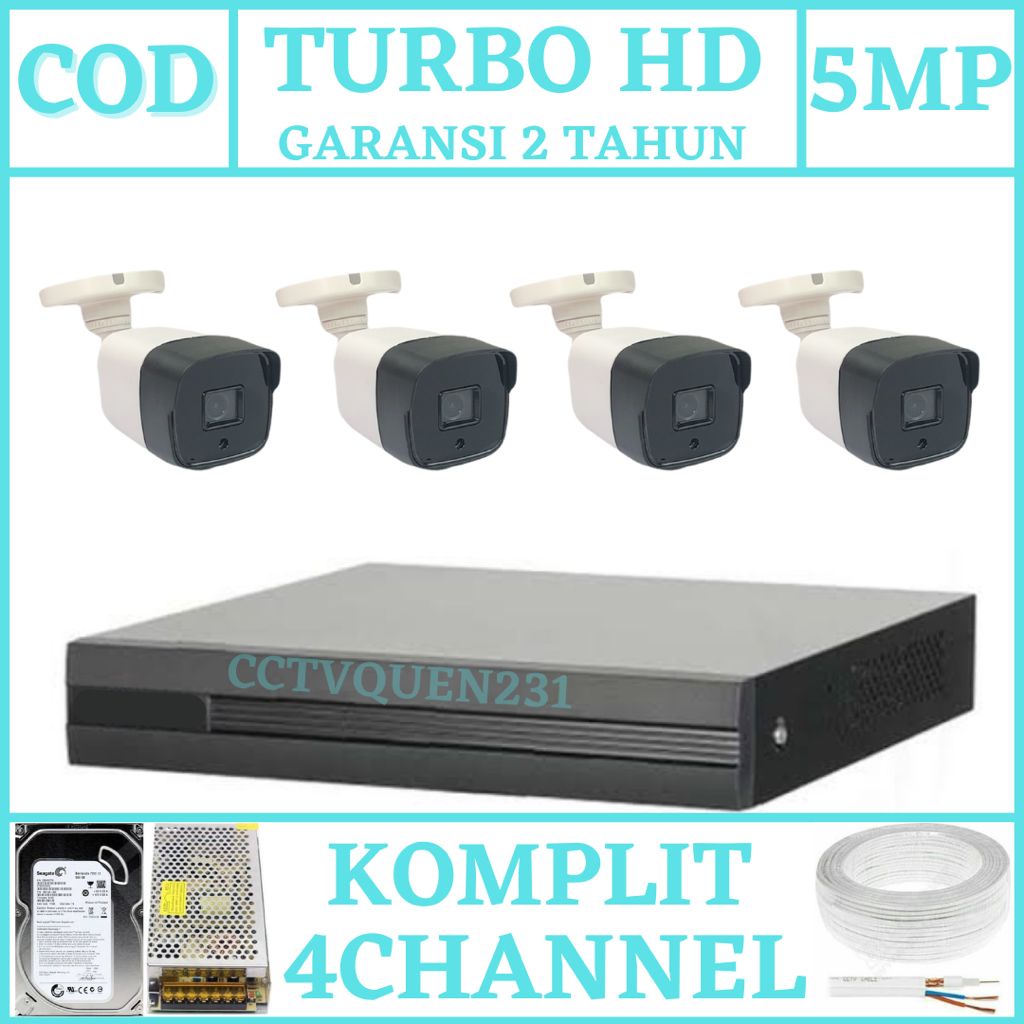 PAKET CCTV 4 CHANNEL 4 KAMERA 5 MP OUTDOOR IR SONY TURBO HD 1080P KOMPLIT TINGGAL PASANG