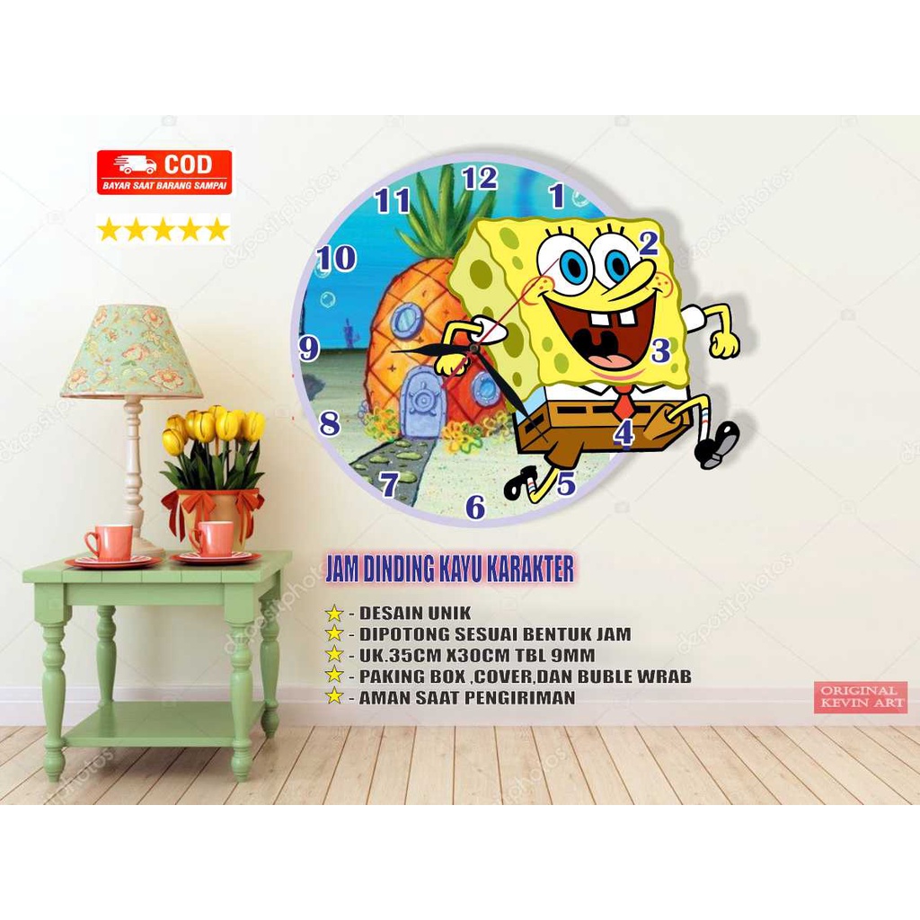 JAM DINDING KAYU UNIK BESAR KARAKTER GAMBAR SPONGEBOB MURAH