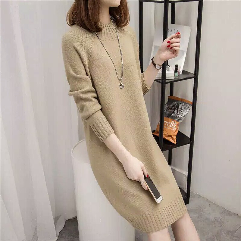 HOPYLOVY Midi Dress Tunik Korean Style Bahan Rajut Ven