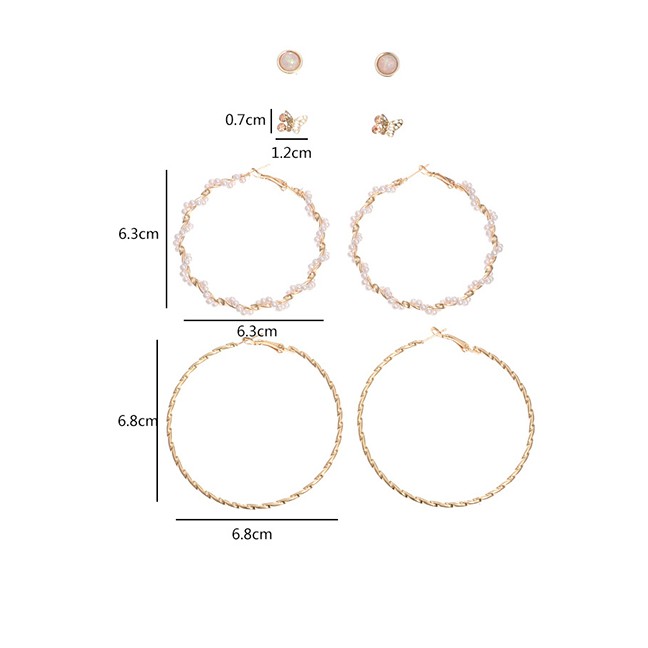 LRC Anting Set Fashion Gold Color Geometric Round Pearl Butterfly Alloy Earrings Set K26999