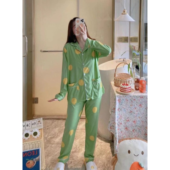 BAJU TIDUR WANITA DEWASA/PIYAMA RENDA PP/BAJU TIDUR IMPORT MURAH-Kerah polka hijau