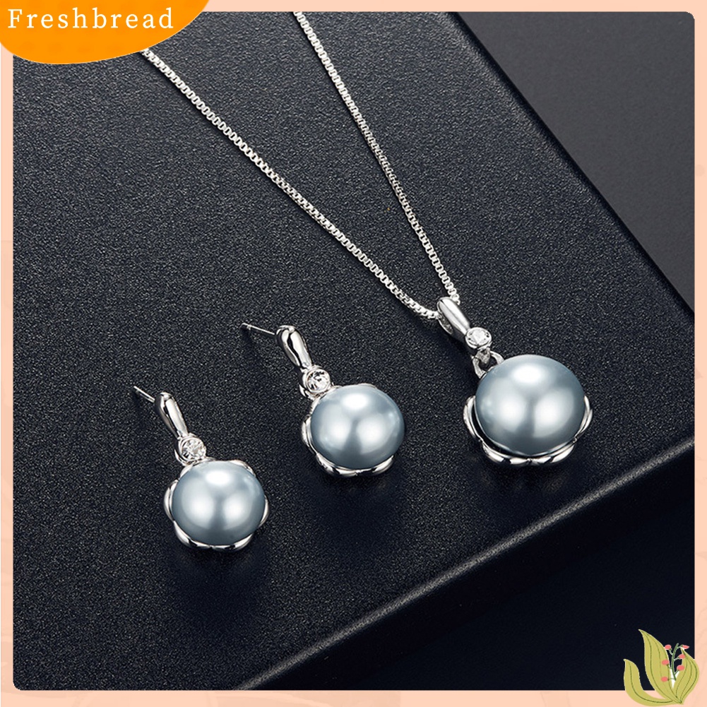 Terlaris Ladies Round Faux Pearl Rhinestone Inlaid Pendant Necklace Earrings Jewelry Set