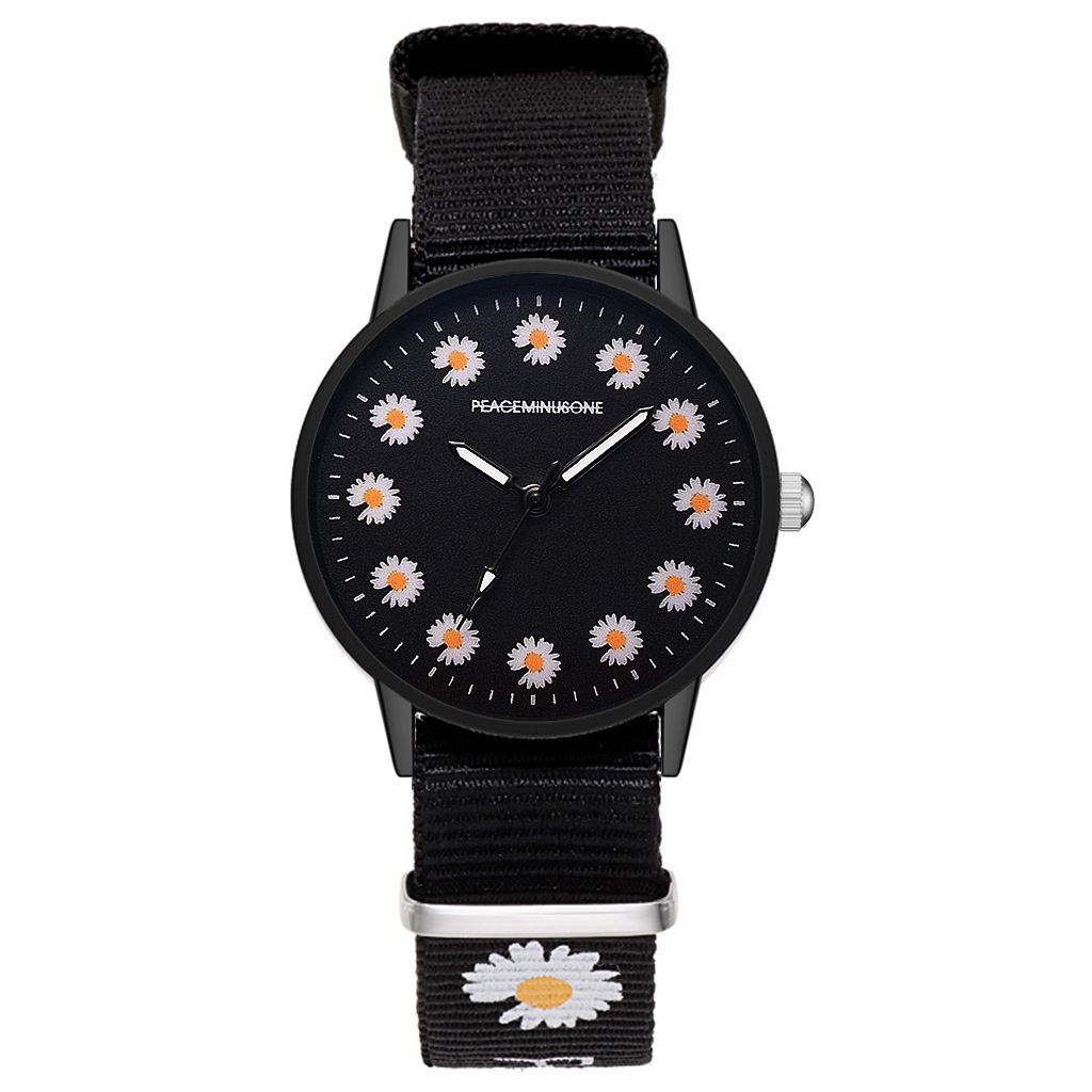 MURMURE.ID | JAM TANGAN ANALOG WANITA MODEL BULAT BUNGA DAISY HITAM IMPORT MURAH FW014-12 BUNGA