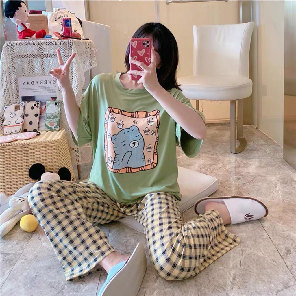 Baju Tidur Piyama Set/Piyama Wanita Import/Baju Piyama Motif Kartun/Woman Sleep Wear-P14-Hijau Bear