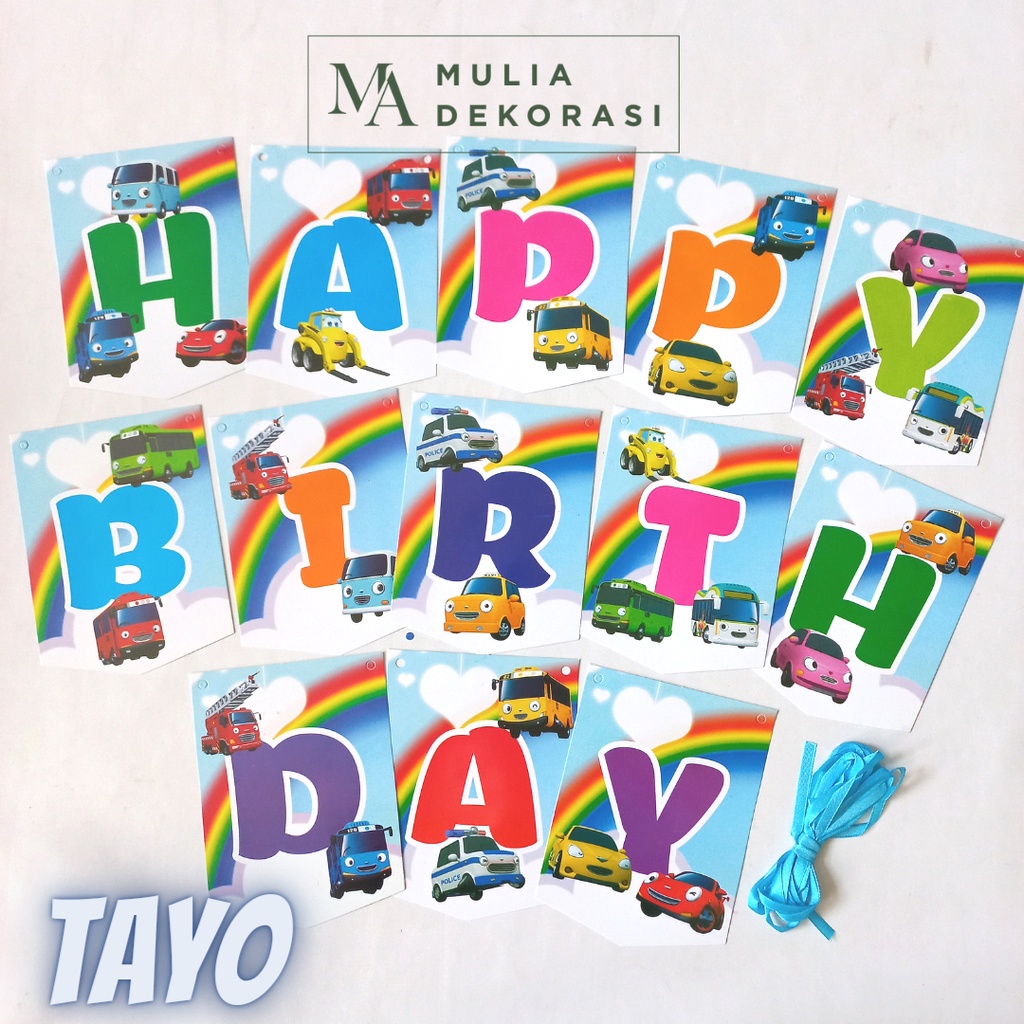 Bunting Flag Banner Happy Birthday 1 Set Motif Karakter Anak Lucu Disney Sapiderman Tayo Doraemon Baby Shark Kuda Poni