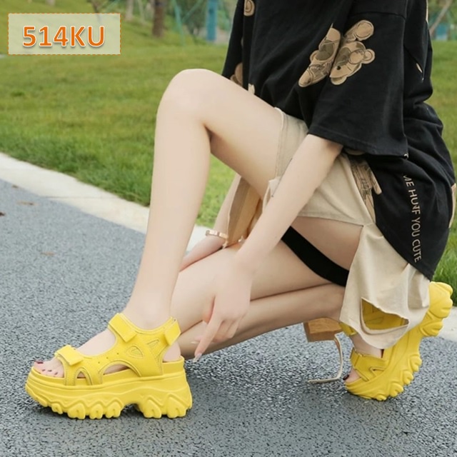 Sandal Gunung Tali Wanita Patuha Fahion Kasual Korea Sol Tebal 5 Cm Hitam Hijau Kuning Pink Putih (514)