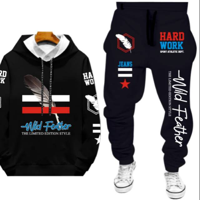 Stelan pria motif wild feather bahan flece