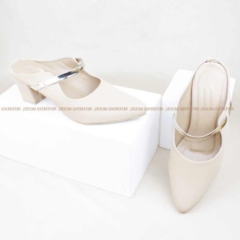 Bustong wanita BIG SIZE 41-45 Cream Mules hak 5cm Sepatu Sandal Formal pesta kondangan Wanita/ibu ib