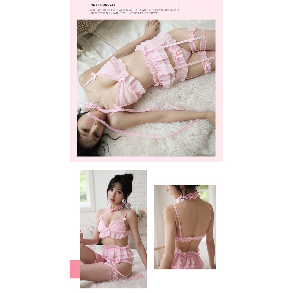 (COD) Lingerie Sexy Transparan Lingerie Cosplay Set Bra Sexy G String Panty Garter Stoking T08