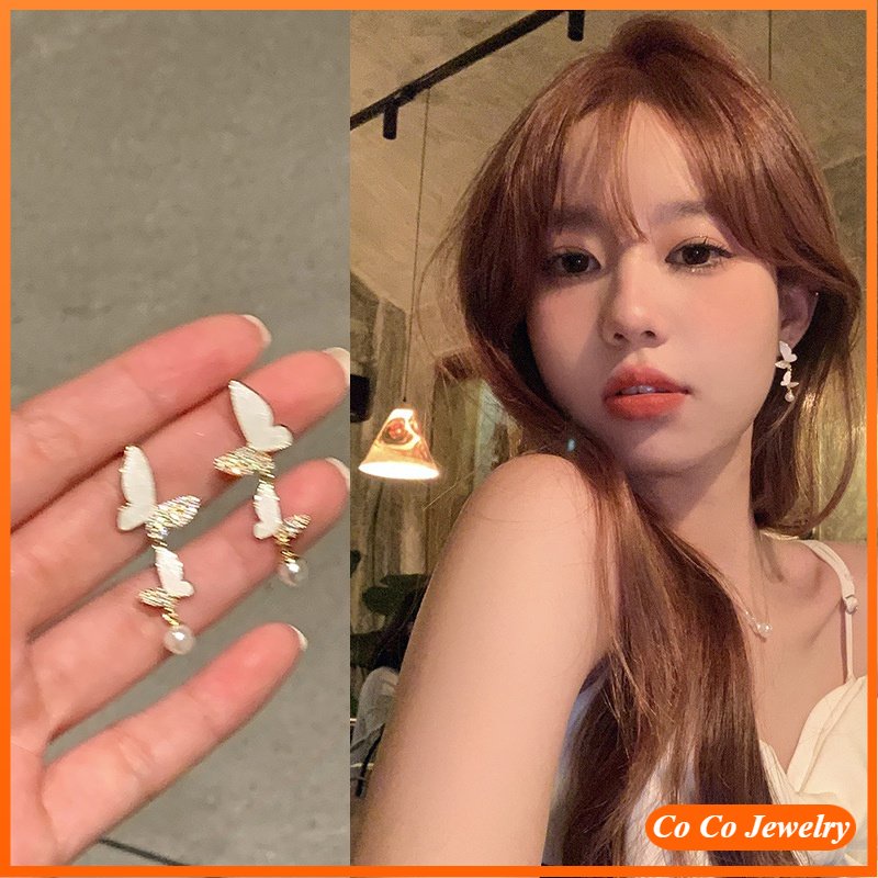 Anting Tusuk Silver Needle 2022 Desain Kupu-Kupu Hias Mutiara Gaya Retro Untuk Wanita