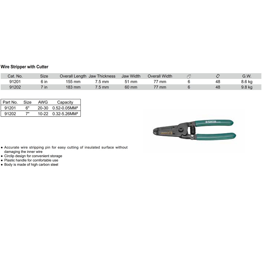 Wire Stripper with cutter 7&quot; 91202 Sata Tools