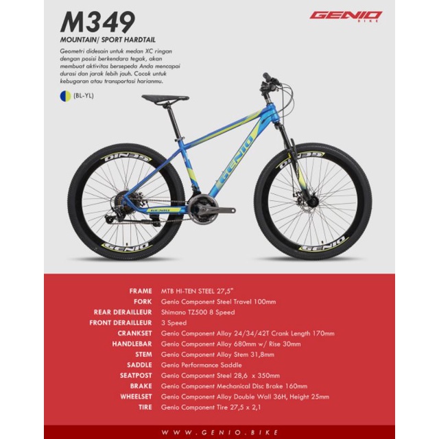 Sepeda MTB 27.5 GENIO M-349 Disc Brake 3x8 Speed