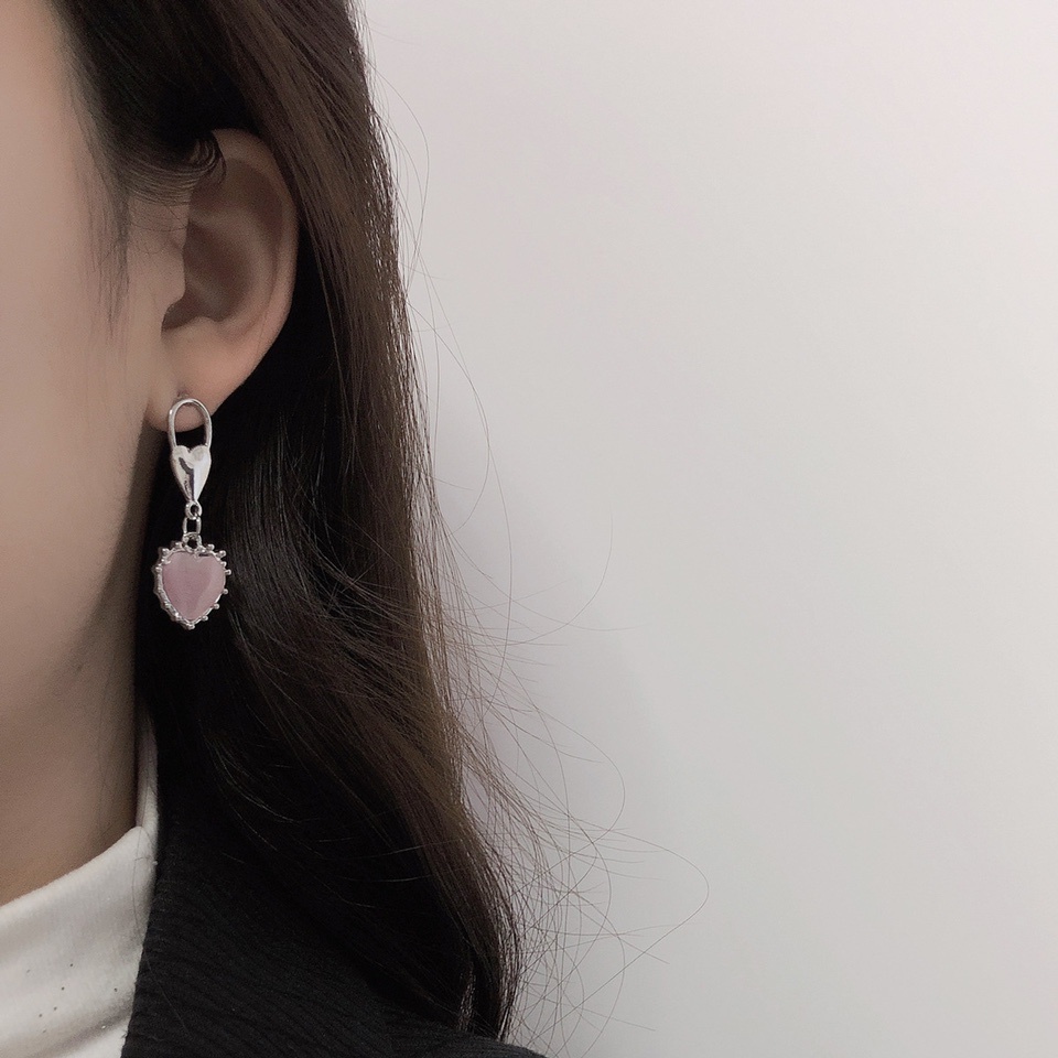 Anting Tusuk Gantung Temperament Desain Hati Hias Opal Pink Gaya Kerensimple Untuk Wanita