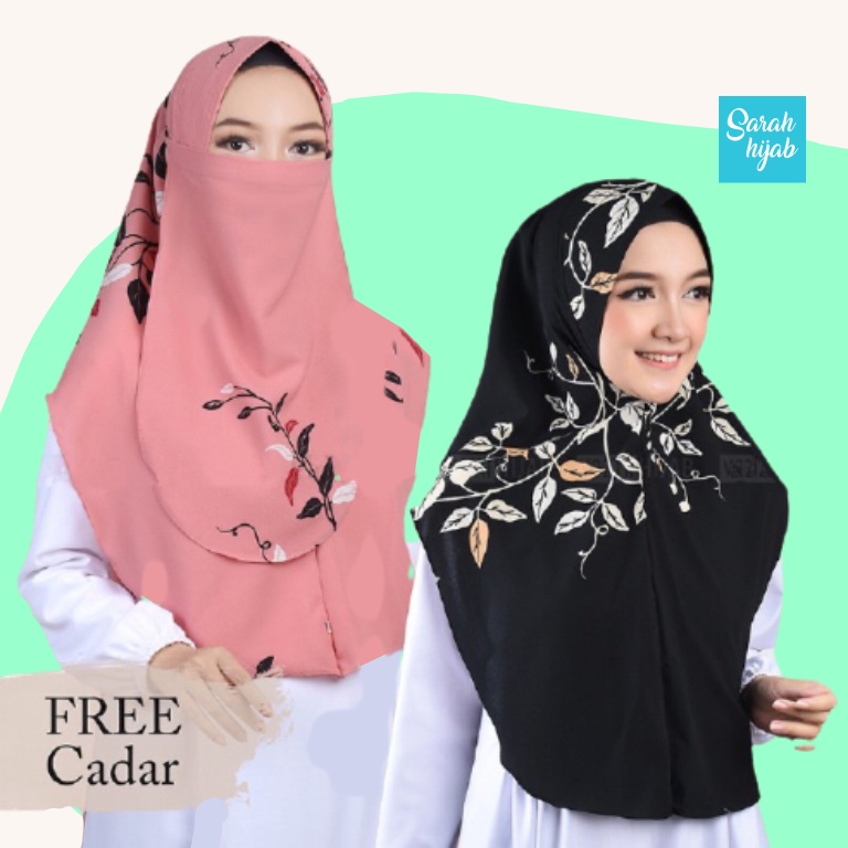 Jilbab Khimar Syari Motif Pet Antem Pinguin Gratis Cadar Tali Karet - Carnation