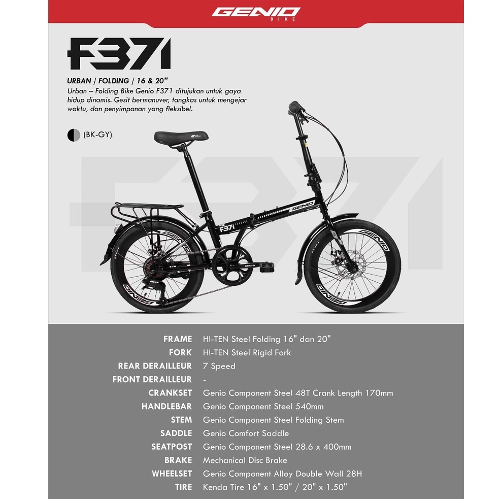 Sepeda Lipat Genio F371 F 371 mirip lunox Folding 16 Inch dan 20 Inch 7 speed SNI garansi resmi kirim seindonesia bisa cod cash kredit hitam biru kining silver abu grey blue black boncengan rem cakram-2