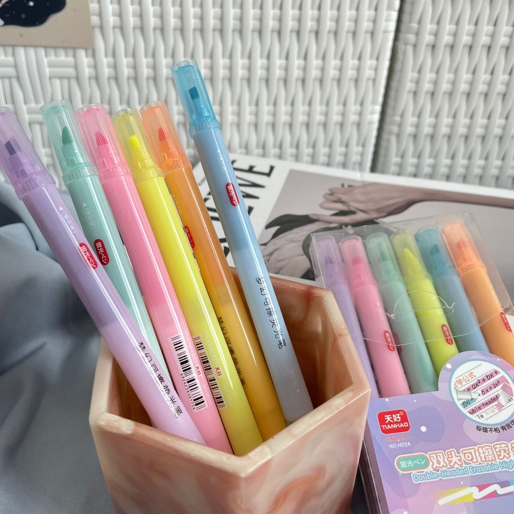 HIGHLIGHTER 2 SISI 1 SET ISI 6 PCS BISA DIHAPUS 1PACK LENGKAP TERMURAH STABILO DUA SISI DAPAT 6 PIECES TAMPILAN ESTETIK BEST IMPORT QUALITY