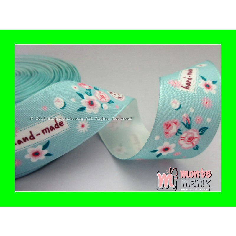 Pita Satin Vintage Biru Muda Motif Bunga 2,5cm (PITA-186) Toko Bahan Craft