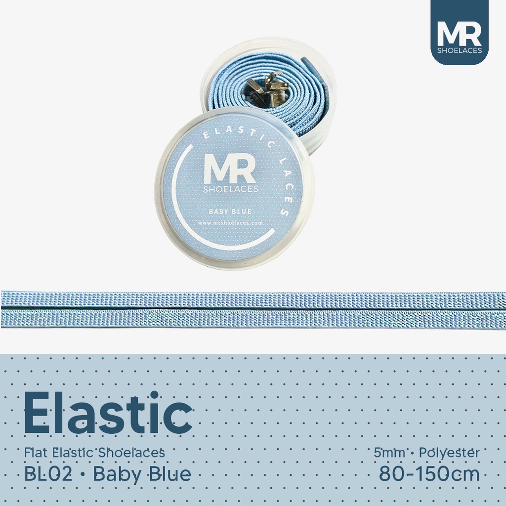 Original MR Shoelaces BL02 Elastic Baby Blue Tali Sepatu Flat Elastis (Karet Lentur) with Metal Clip / Lock 80cm 100cm 120cm 150cm - Premium Shoelace