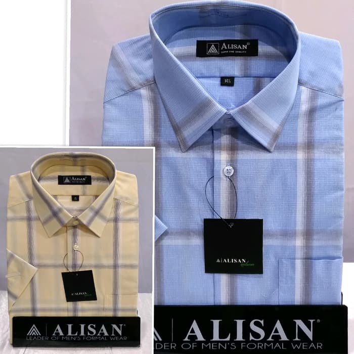 Kemeja Pria Alisan Pendek Reguler Kotak Kuning Biru Santai - -