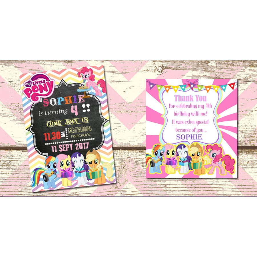 set birthday invitation + thank you card tema my little pony