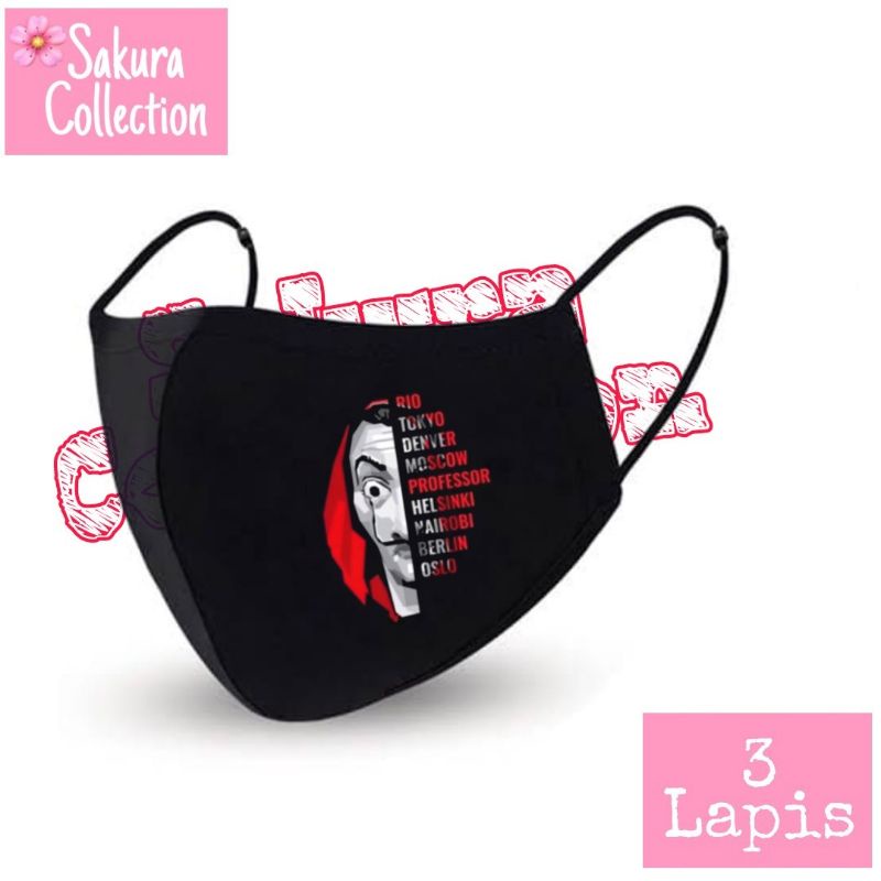 Masker kain 3 lapis - MONEY HEIST - LA CASA DE PAPEL - LA CASA DE QUARANTINE / EARLOOP HITAM 3PLY