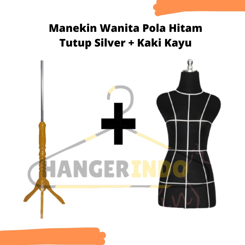 Manekin Wanita Pola Hitam Tutup Silver Kaki Kayu | Patung Baju Wanita | Mannequin | Patung Manekin | Manekin Set