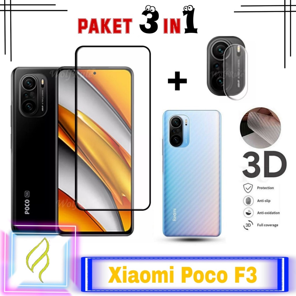 PROMO 3in1 XIAOMI POCO F3 Tempered Glass Free Anti Gores CAMERA &amp; GARSKIN Carbon