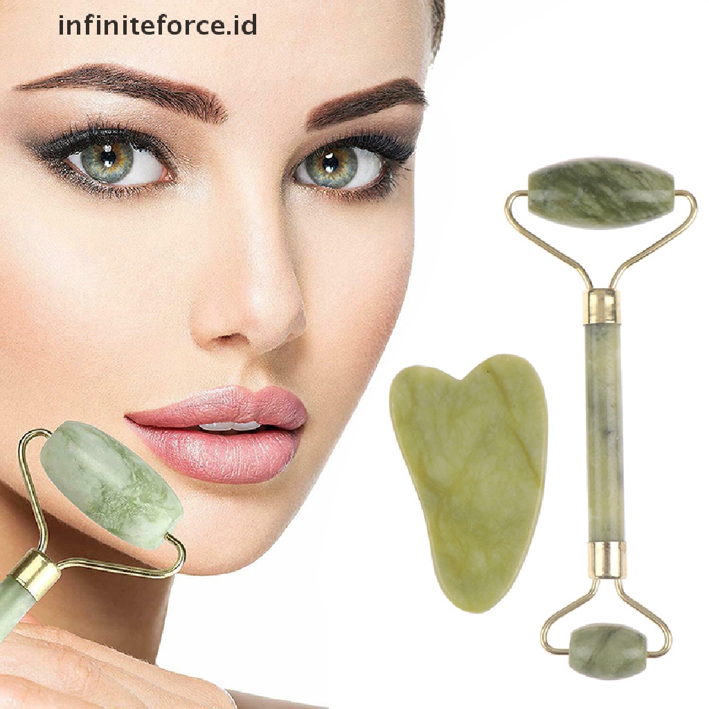 (Infiniteforce.Id) Alat Pijat Gua Sha Roller Batu Giok Alami Untuk Wajah