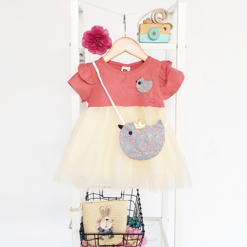 HappyOliver DRESS BIRD CROWN BAGS 273 EBV Baju Dress Anak Perempuan Import 6 bulan - 3 tahun/Dress Bayi Perempuan/Gaun Bayi Perempuan/Dress Pesta/Dress Bayi