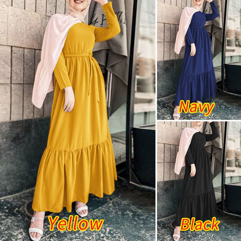 ZANZEA Women Casual Muslim Elastic Waist Belted Patchwork Maxi Dress