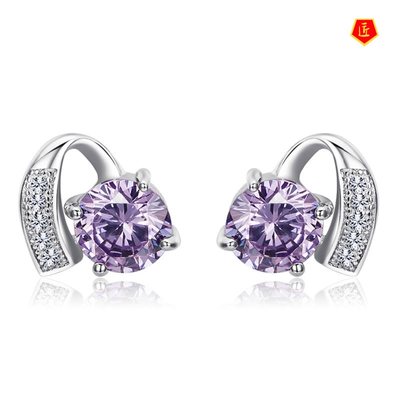 [Ready Stock]Silver Purple Diamond Elegant Graceful Earrings