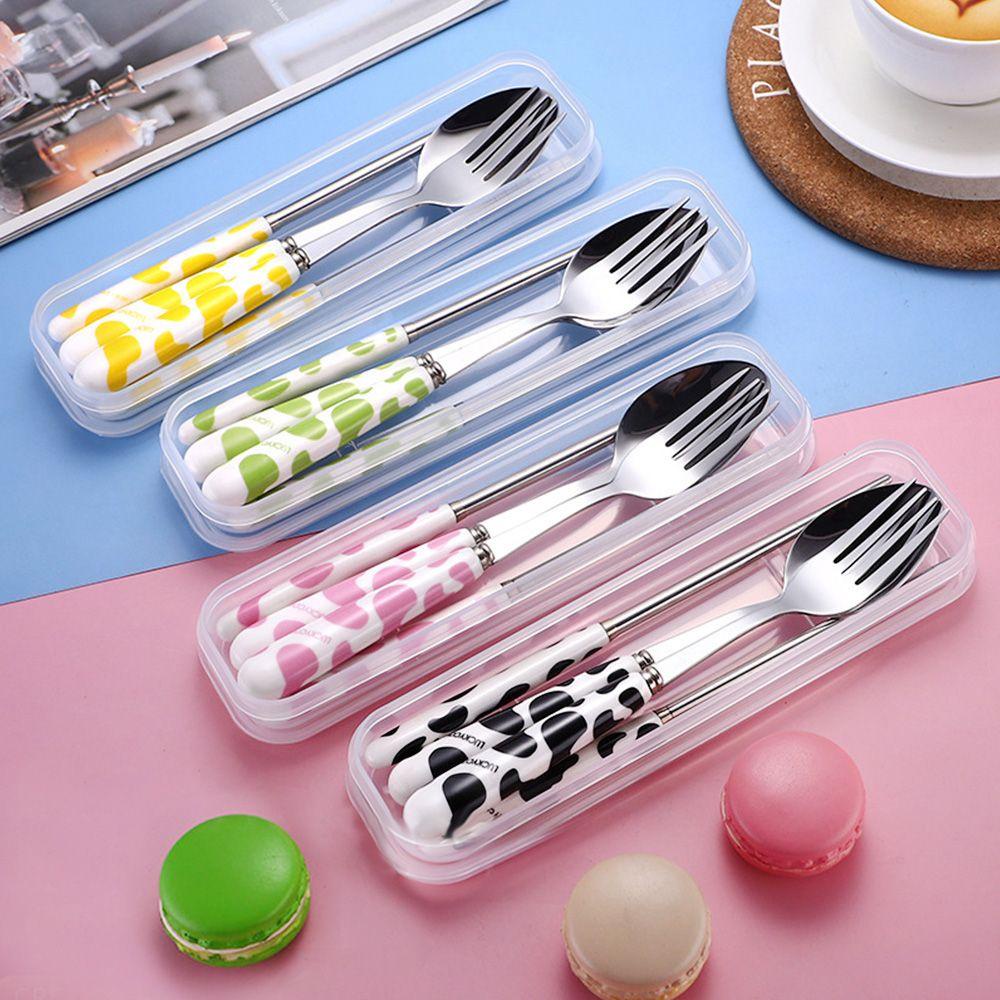 Top Cutlery Set Anak Motif Sapi Reusable Ceramic Handle Alat Makan Set