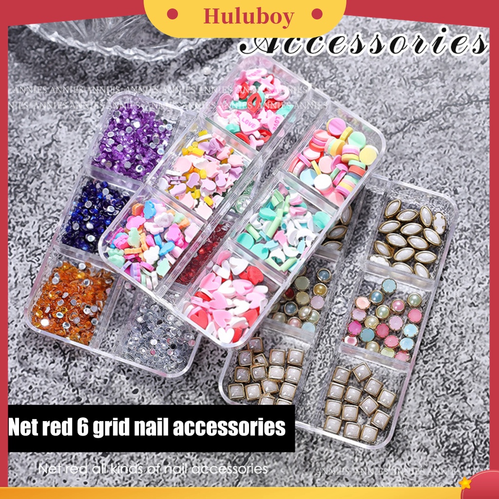 Huluboy Huluboy♡ 6 Grids / Box Berlian Imitasi Warna-Warni Gaya Jepang Untuk Dekorasi Nail Art 3D