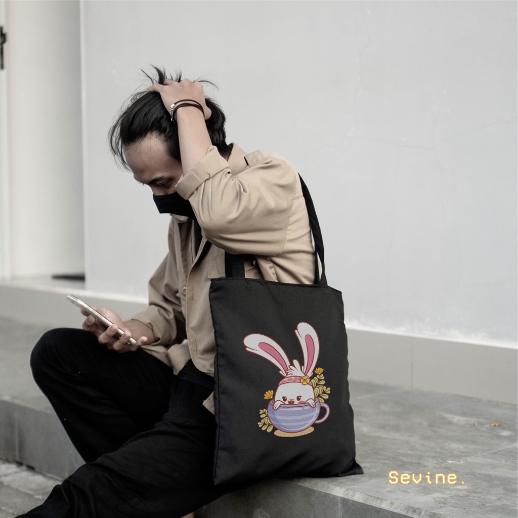 Sevine Tas Totebag Wanita Tote Bag Resleting Hitam Black Kawai Series - KWI8