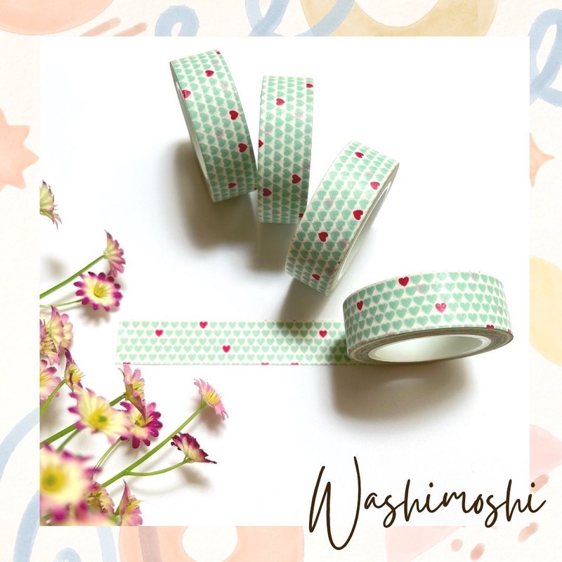 

Washimoshi Masking Washi Tape Mint Love Design (10 ‘meter)