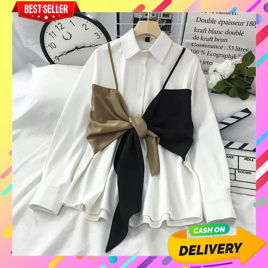 Baju Kemeja Putih Wanita Lengan Panjang Korea Atasan Hem Hitam Cewek P Cod  - Magnolia Top Blouse W