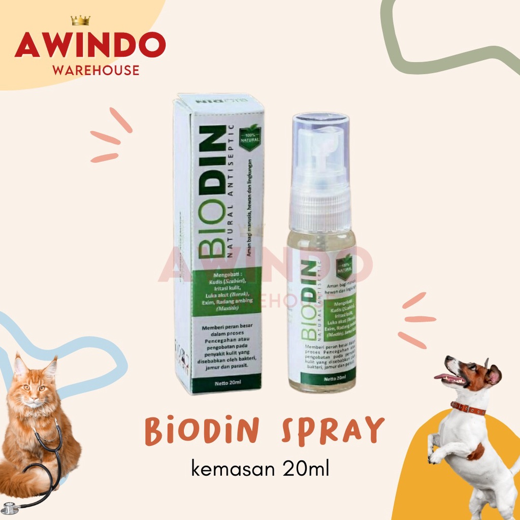 BIODIN SPRAY 20ML - Obat Kucing Anjing Anti Jamur Luka Scabies Parasit Penyakit Kulit