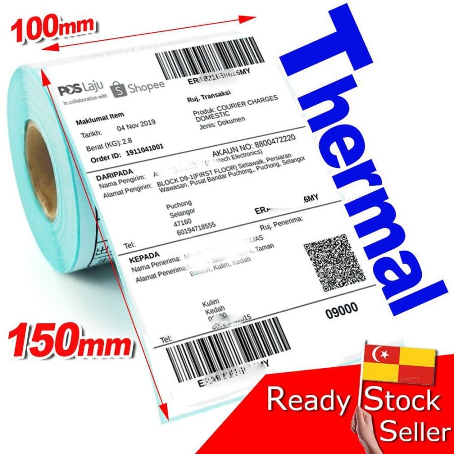 

LABEL BARCODE DIRECT THERMAL 100 X 150 mm KERTAS STICKER A6