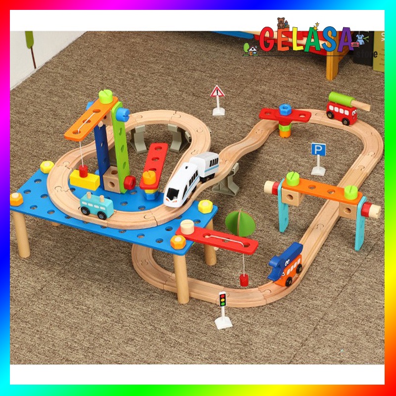 Gelasa Mainan kayu anak Construction Train Track Toys