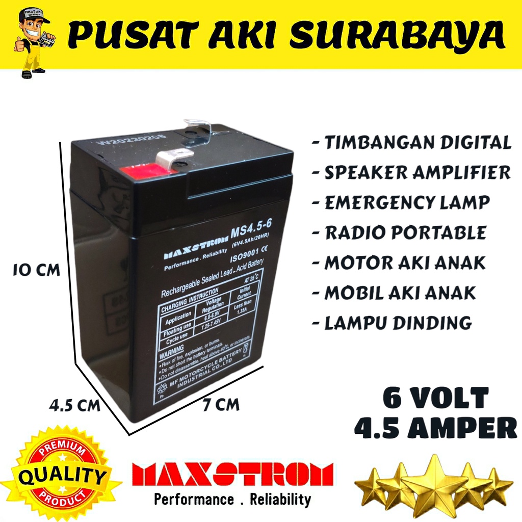 MAXSTROM 6V 4.5Ah ACCU KERING RECHARGE MOTOR MAINAN ANAK MOBILAN AKI RIDE ON CAR VEHICLES 6 VOLT 4 AMPER BATERAI TIMBANGAN EMERGENCY LAMP VRLA BATTERY