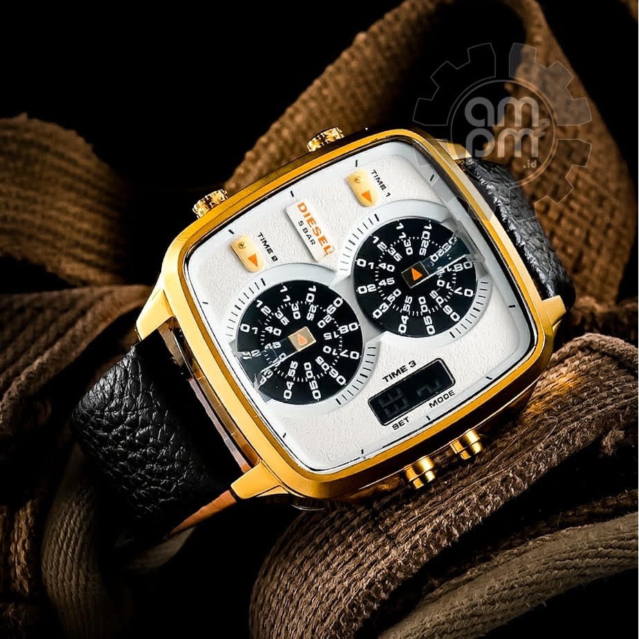 JAM TANGAN DIESEL 3 TIME ZONE LEATHER GOLD ORIGINAL