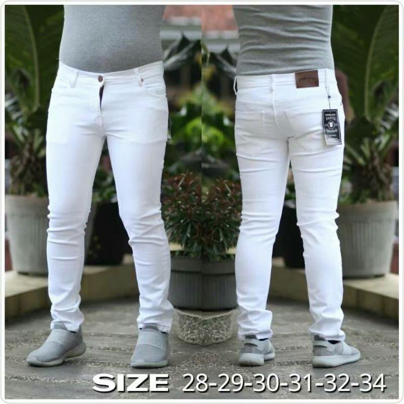 [COD] Celana Jeans Skinny Pensil Putih Polos pria Dewasa | Celana Levis Sobek Putih