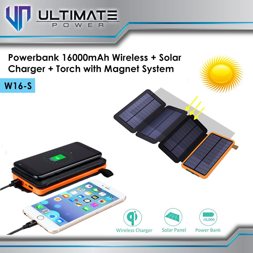 Power bank Solar 16000mAh Ultimate W16-S + Wireless + LED Torch 16000mAh Magnet System