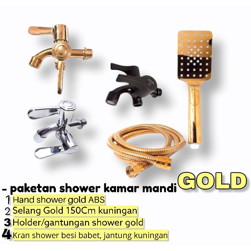 Shower Kamar Mandi Kotak Gold Sepaket + Kran Cabang Stainless Drad Pipa 1/2&quot; Shower Warna Emas