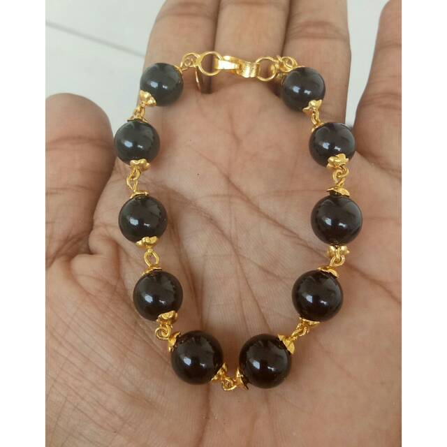 Gelang mutiara batu hitam 10mm lapis emas 24k