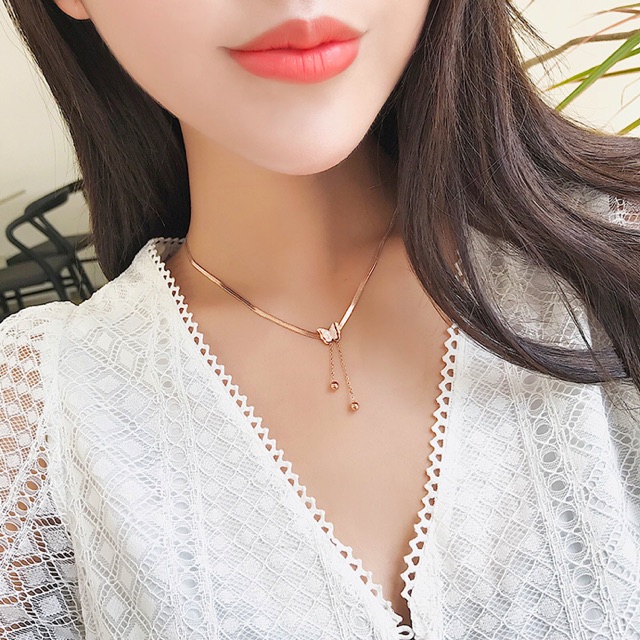 Kalung Wanita elegan titanium lapis emas 18k model Tebal Kupu-kupu Rumbai rosegold  286#