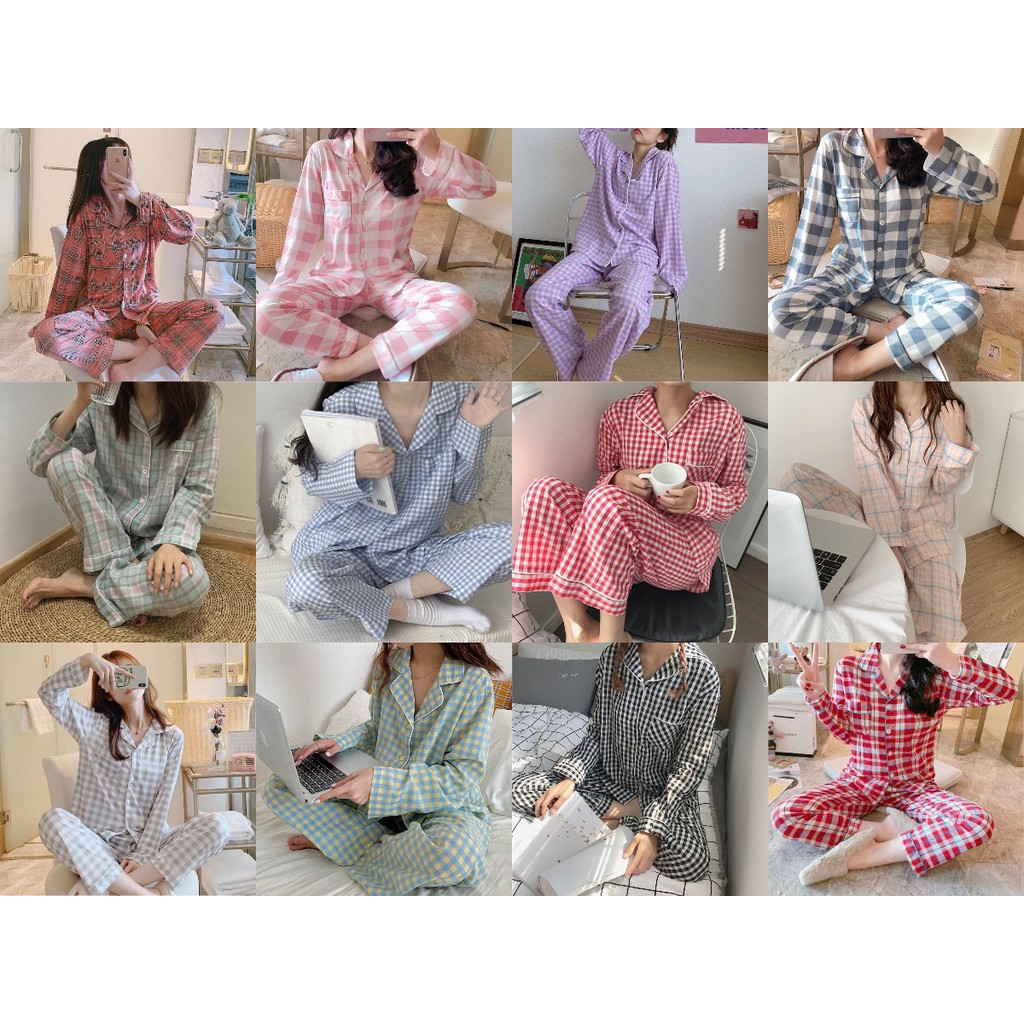 Baju Tidur Wanita Dewasa Piyama Import Pajamas Lengan Panjang Celana Panjang Kemeja PP Seri Kotak