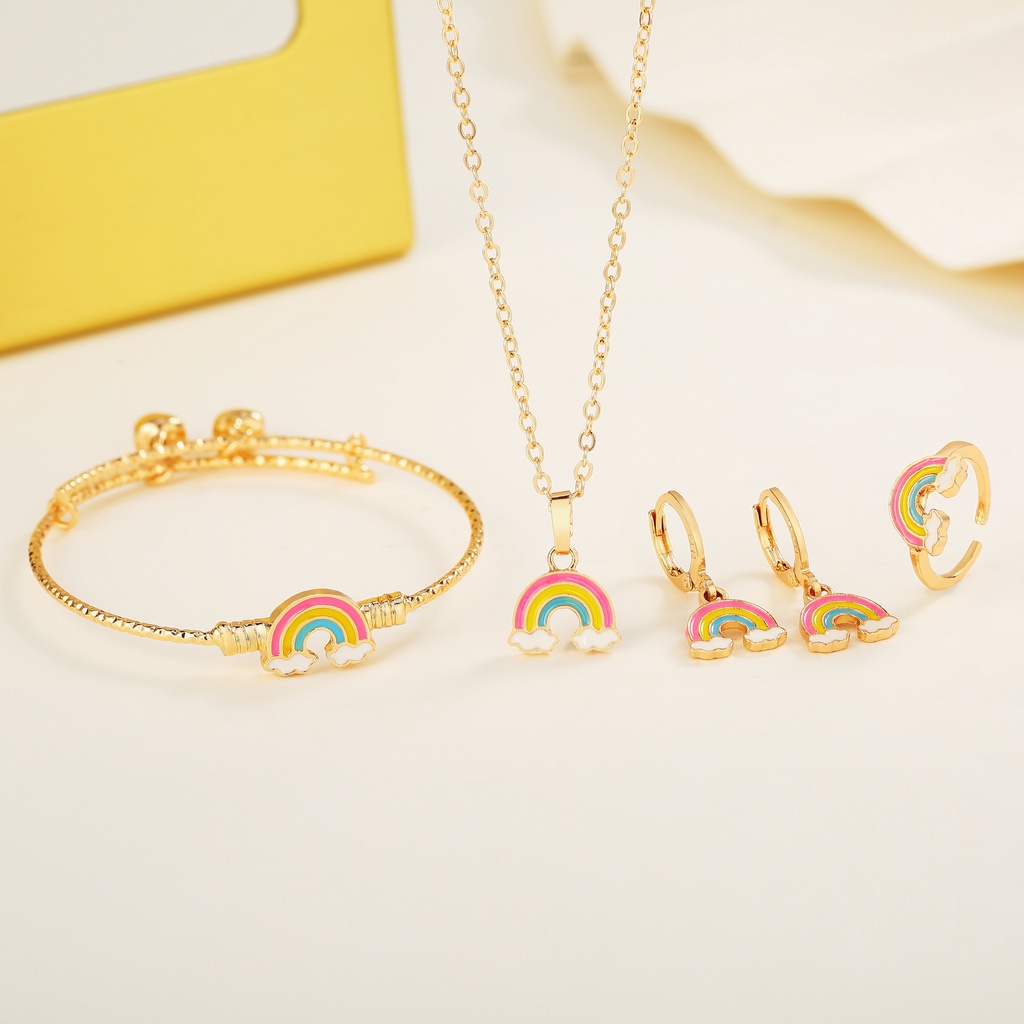 Y477【COD】 4Pcs Set Kalung Gelang Set perhiasan anak Pelangi  perhiasan fashion Cincin Anting Lapis Emas