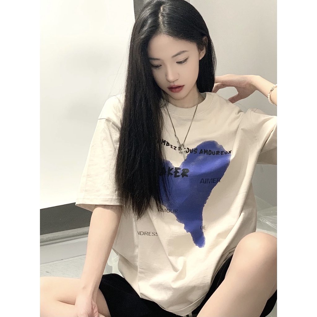 EUNII T-shirt Lengan Pendek Biru Cinta Pencetakan Longgar Korean Style /Kaos Atasan Wanita/Baju Kaus Oversize Wanita